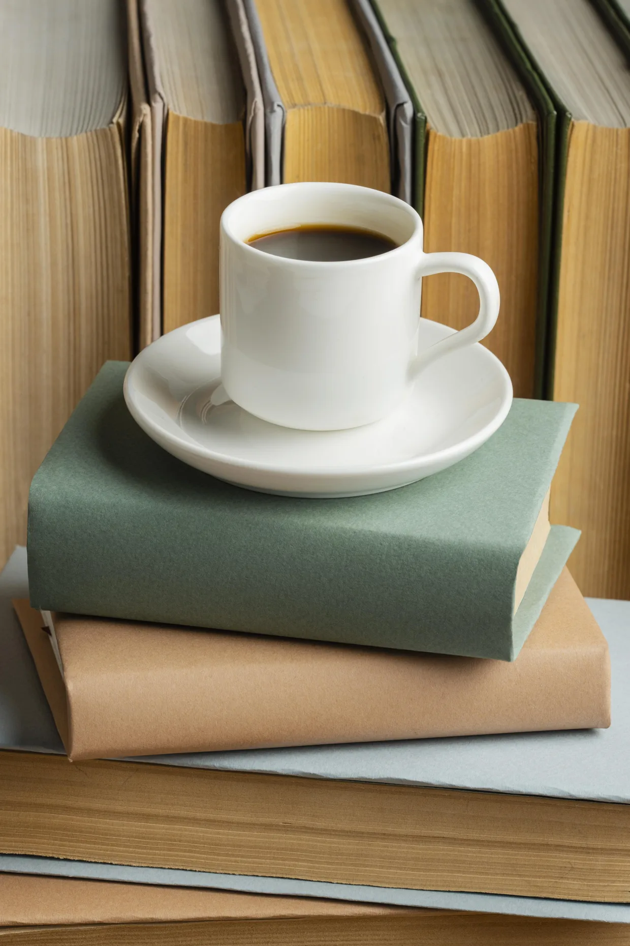 Pile de livres et tasse de café, ambiance lecture chaleureuse